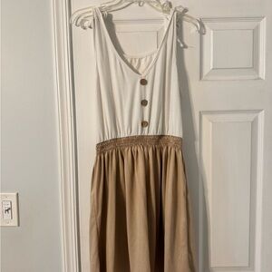 White and Tan Sleeveless Dress with Button Detail